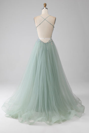 A-Line Beaded Light Green Prom Dress con fessura